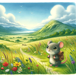 A small mouse, that is looking at the camera, standing on a pathway in a grass field, with a mountain landscape in the background