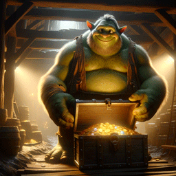 a big green ogre opening a treasure chest in a cavern, smiling