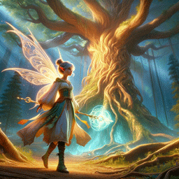 a female fae standing infront of a magical, glowing tree