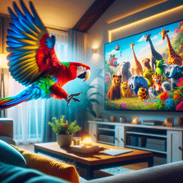 Ein Papagei der auf einen Fernseher, auf dem viele Tiere zu sehen sind, zufliegt
