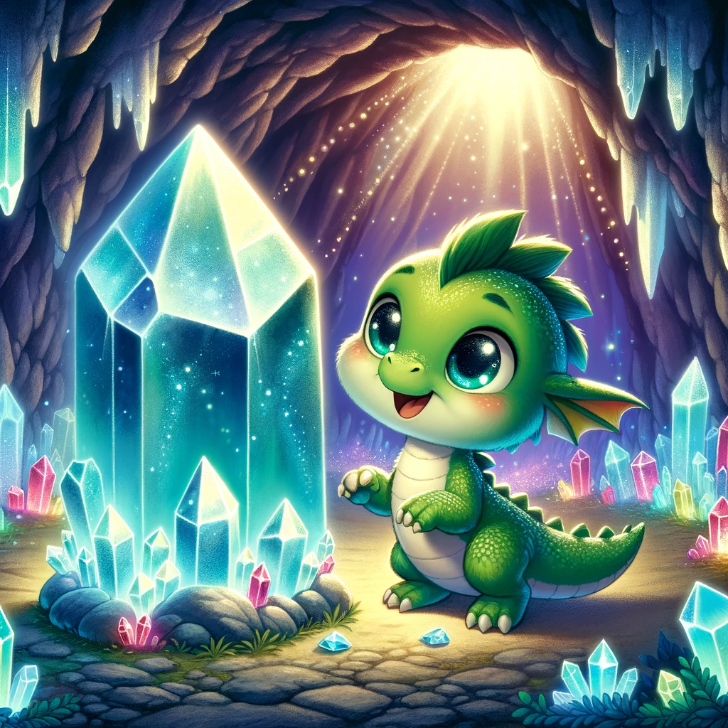 Ein kleiner, lächelnder, Drache der in einer Höhle steht und auf einen strahlenden Edelstein blickt.